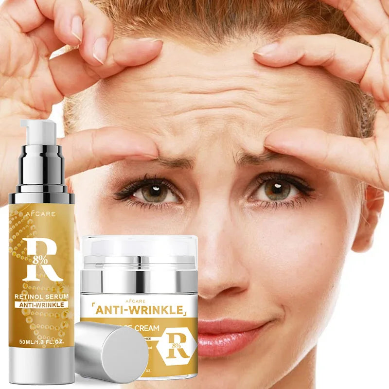 Anti Wrinkle Retinol Serum Cream Combination Set Double Effect Reduce Fine Lines Anti Aging Women Men Skin Care Day and Night