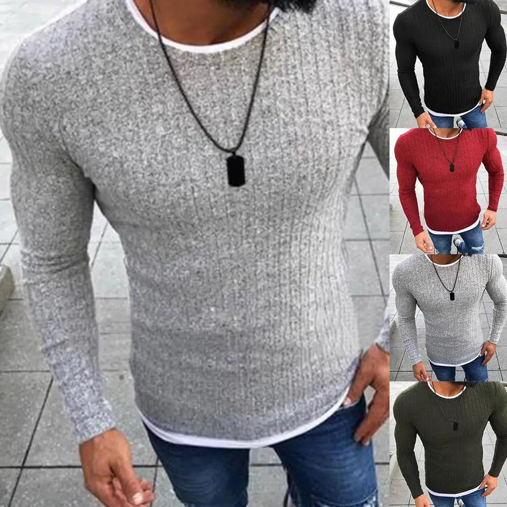 Fashion  Men Sweater Top Color Block Patchwork O Neck Long Sleeve Pullover Knitted Sweater For Men's Clothings Winter