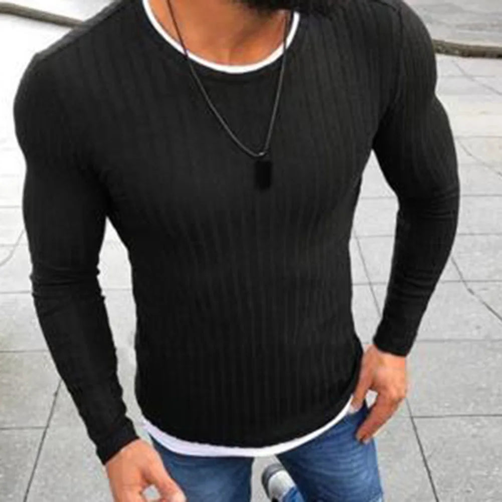 Fashion  Men Sweater Top Color Block Patchwork O Neck Long Sleeve Pullover Knitted Sweater For Men's Clothings Winter