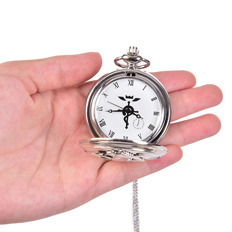 High Quality Full Metal Alchemist Silver Watch Pendant Men's Quartz Pocket Watches Japan Anime Necklace Children Boy