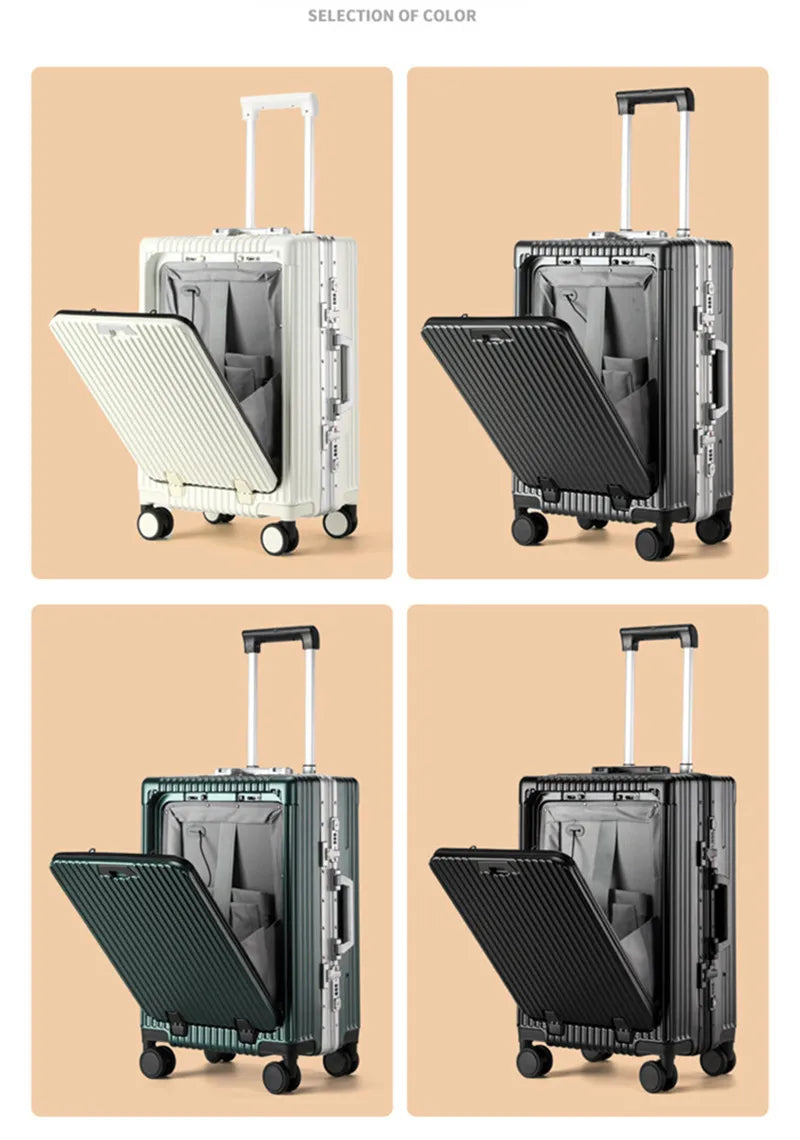 Suitcase Front Opening Aluminum Frame Rolling Luggage Spinner USB Cup Holder Phone Stand Cabin Carrier Unisex Travel Bag