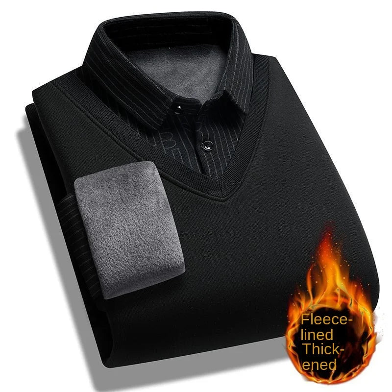 Plus Velvet Padded Men's Fake Two-piece Sweater Sweater Shirt Collar Warm Men's Bottoming Shirt Wearing  Clothing.