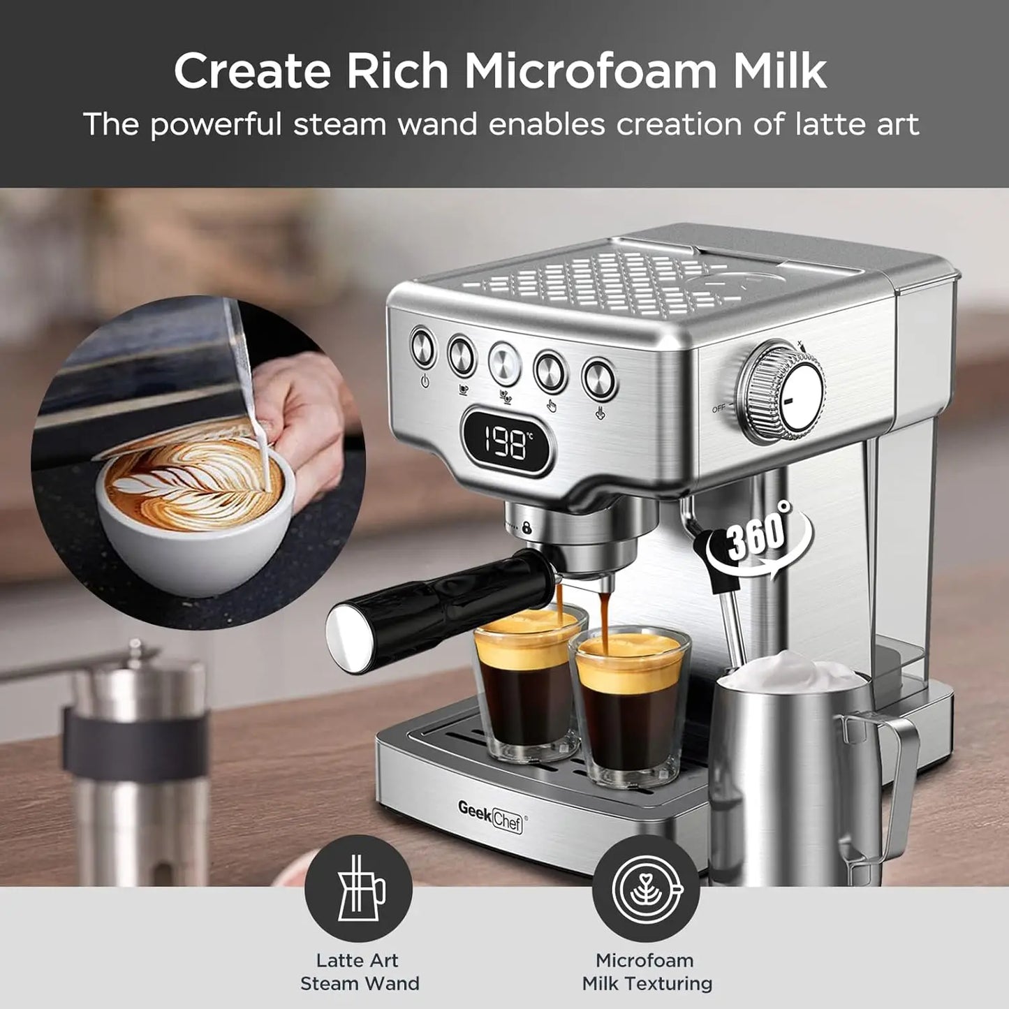 Chef Espresso Machine, 20 Bar Espresso Maker with Milk Frother Steam Wand, Compact Coffee Machine with for Cappuccino,Latte, Fas