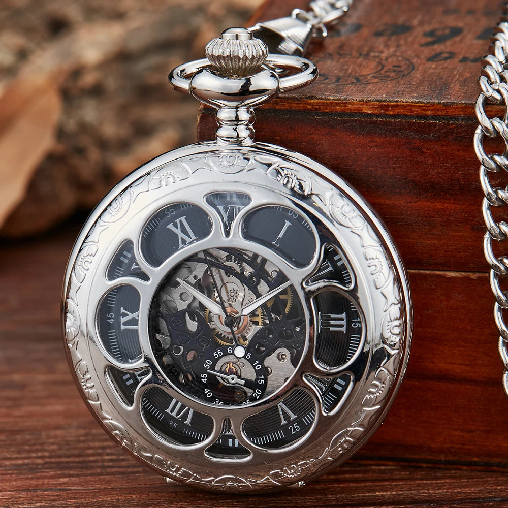 Roman Numeral Luxury Mechanical Pocket Watch Engrave Carving Sliver Case Steampunk Skeleton Watches Fob Chain Clock for Men