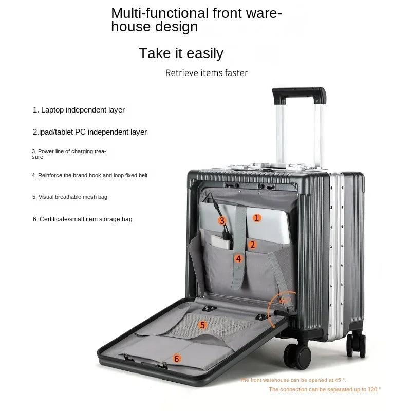 New 2024 Popular Business Luggage Multi-Functional Front Opening Pull Rod 18-Inch Boarding Bag Universal Wheel Travel