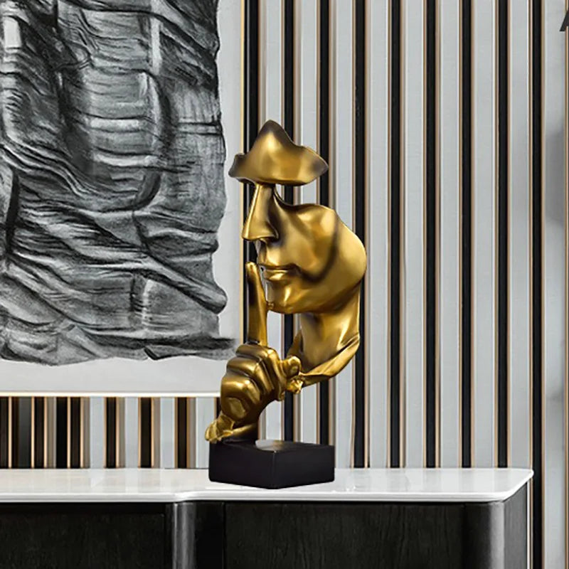 Thinker Statue Sculpture Silence Is Gold Figurines Resin Retro Abstract Home Decor For Office Living Study Room Accessories