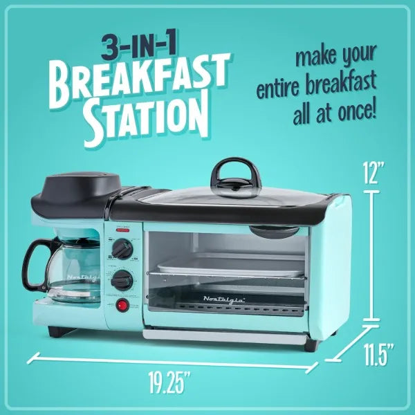 Nostalgia 3-in-1 Breakfast Station - Includes Coffee Maker, Non-Stick Griddle, and 4-Slice Toaster Oven - Breakfast Maker