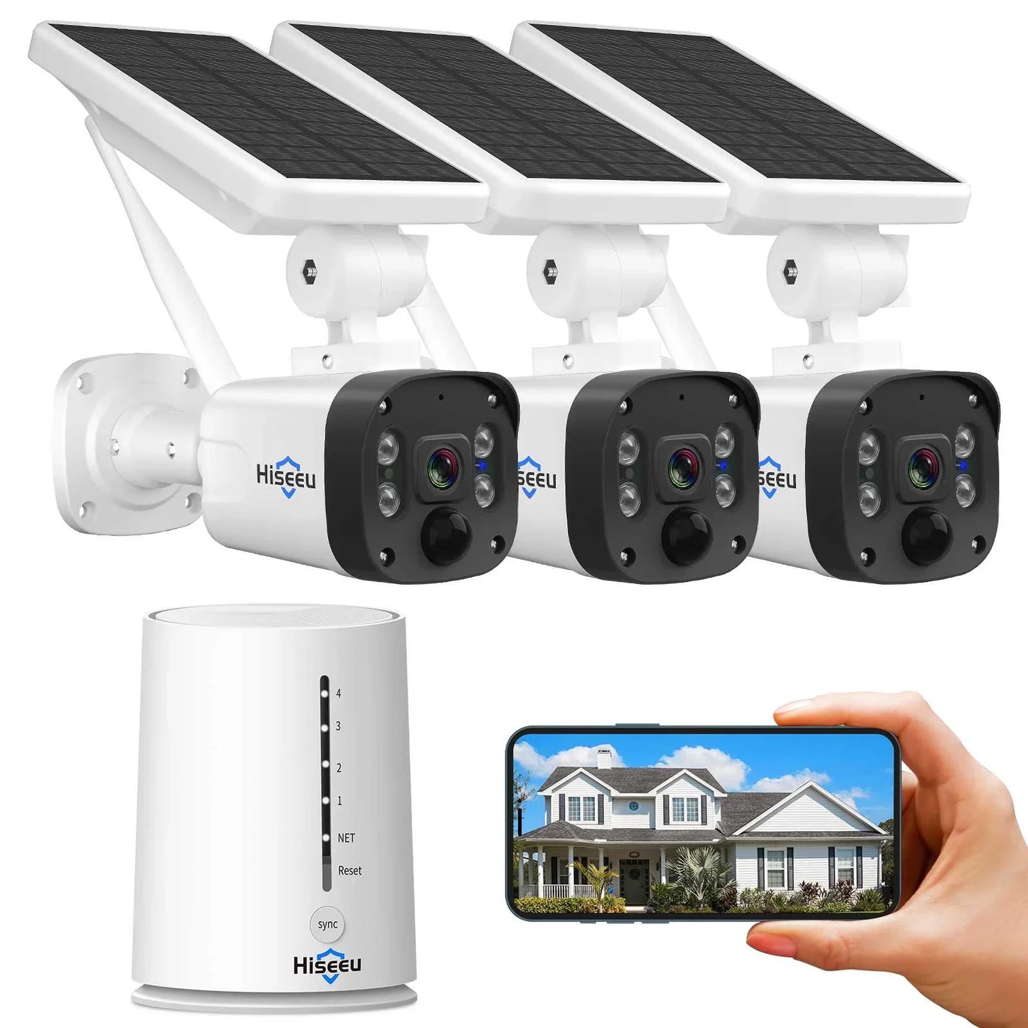 Hiseeu Wireless Security Camera System Outdoor 2K Solar Camera Wire-Free Battery Powered Home Camera 2-Way Audio PIR Detection