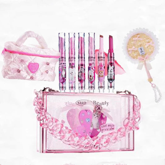 FLORTTE Makeup Set Solid Lipstick New Colour Waterproof Lipgloss Moisturising Make Up Bag Sets Cosmetics Full 9PCS Set