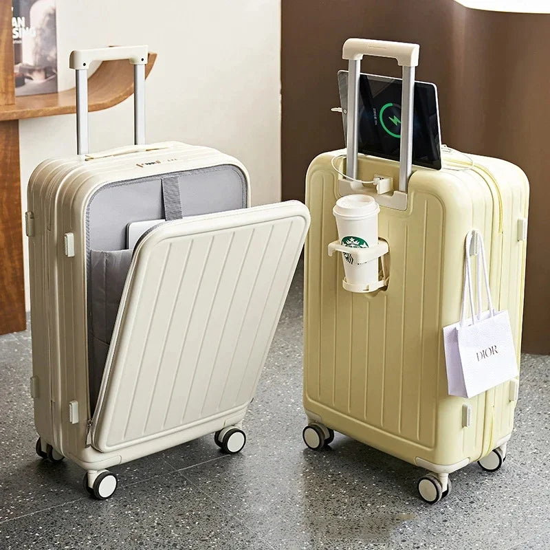 Multi functional front opening luggage compartment charging port trolley box travel box aluminum frame mount case