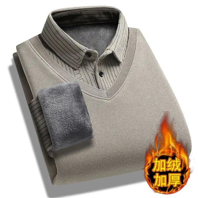 Plus Velvet Padded Men's Fake Two-piece Sweater Sweater Shirt Collar Warm Men's Bottoming Shirt Wearing  Clothing.