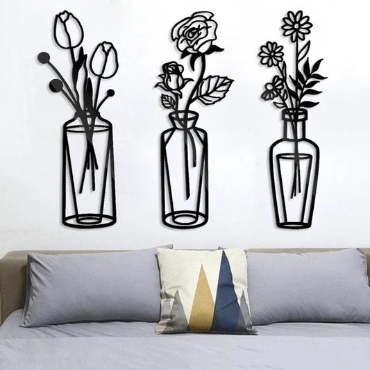 1Pc Minimalist Vase Art Black Wrought Iron Decor for Home Living Room Metal Flower Wall Pendant Floral Plant Sculpture