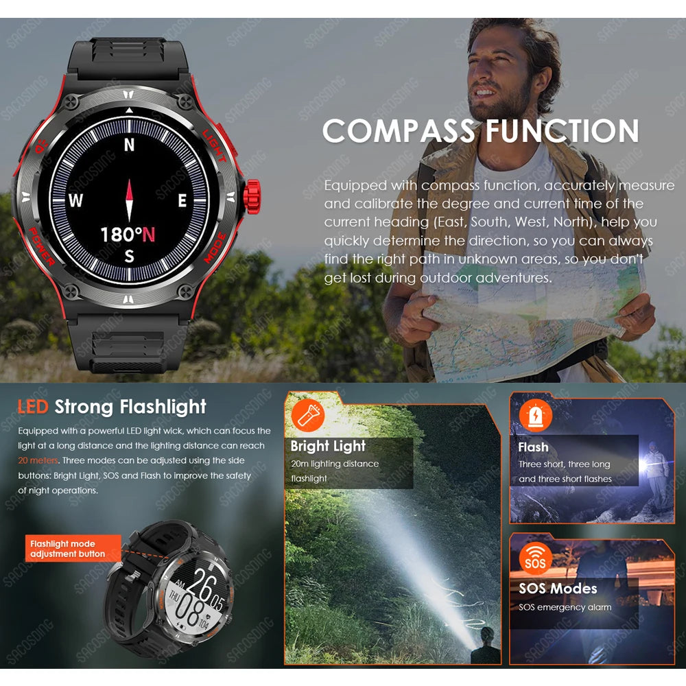 Military Smart Watches for Men Women Tactical Smartwatch with LED Flashlight 3ATM Waterproof Sports Fitness Tracker with Compass