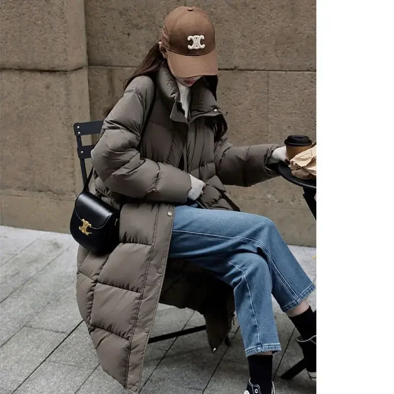 Winter New White Duck Down Jacket for Women's Long Bread Elegant Korean Fashion Clothing Loose Standing Collar Coat F242