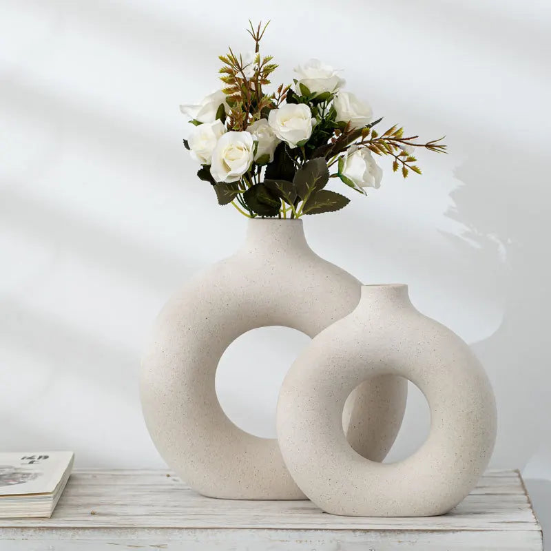 Nordic Circular Hollow Ceramic Vase Donuts Flower Pot Home Decoration Accessories Office Desktop Living Room Interior Decor Gift