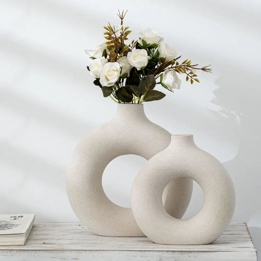 Nordic Circular Hollow Ceramic Vase Donuts Flower Pot Home Decoration Accessories Office Desktop Living Room Interior Decor Gift