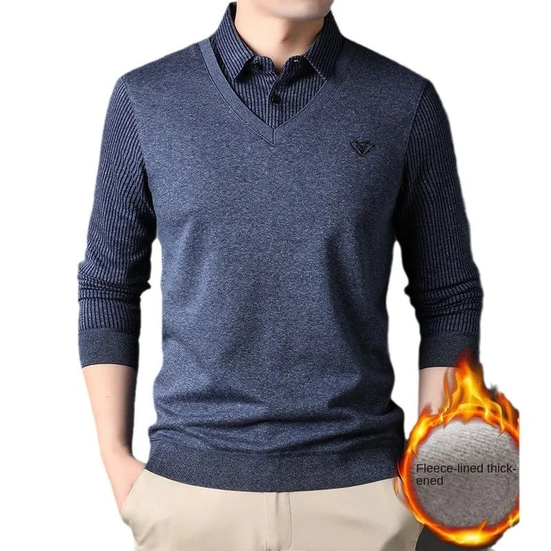 Plus Velvet Padded Men's Fake Two-piece Sweater Sweater Shirt Collar Warm Men's Bottoming Shirt Wearing  Clothing.