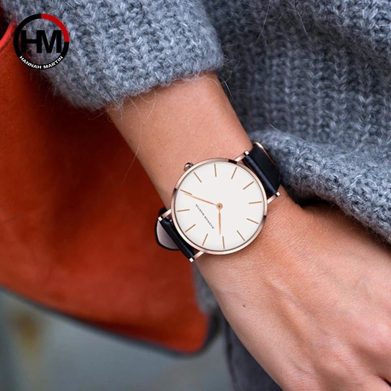 2023 New Women Leather Watch 36mm Fashion Brand Hannah Martin Quartz Waterproof Girls Wristwatch Box Set Clock Relogio Feminino