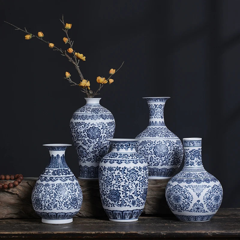 Jingdezhen-Blue and White Porcelain Flower Vases, Ceramic Vase, Interlocking Lotus Design, Home Decoration