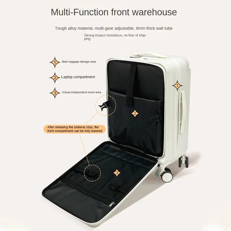 Suitcase Wide Handle Front Opening Luggage 20/22/26 inch USB Charging Cabin Carry on Suitcases Password Trolley Case Travel Bag