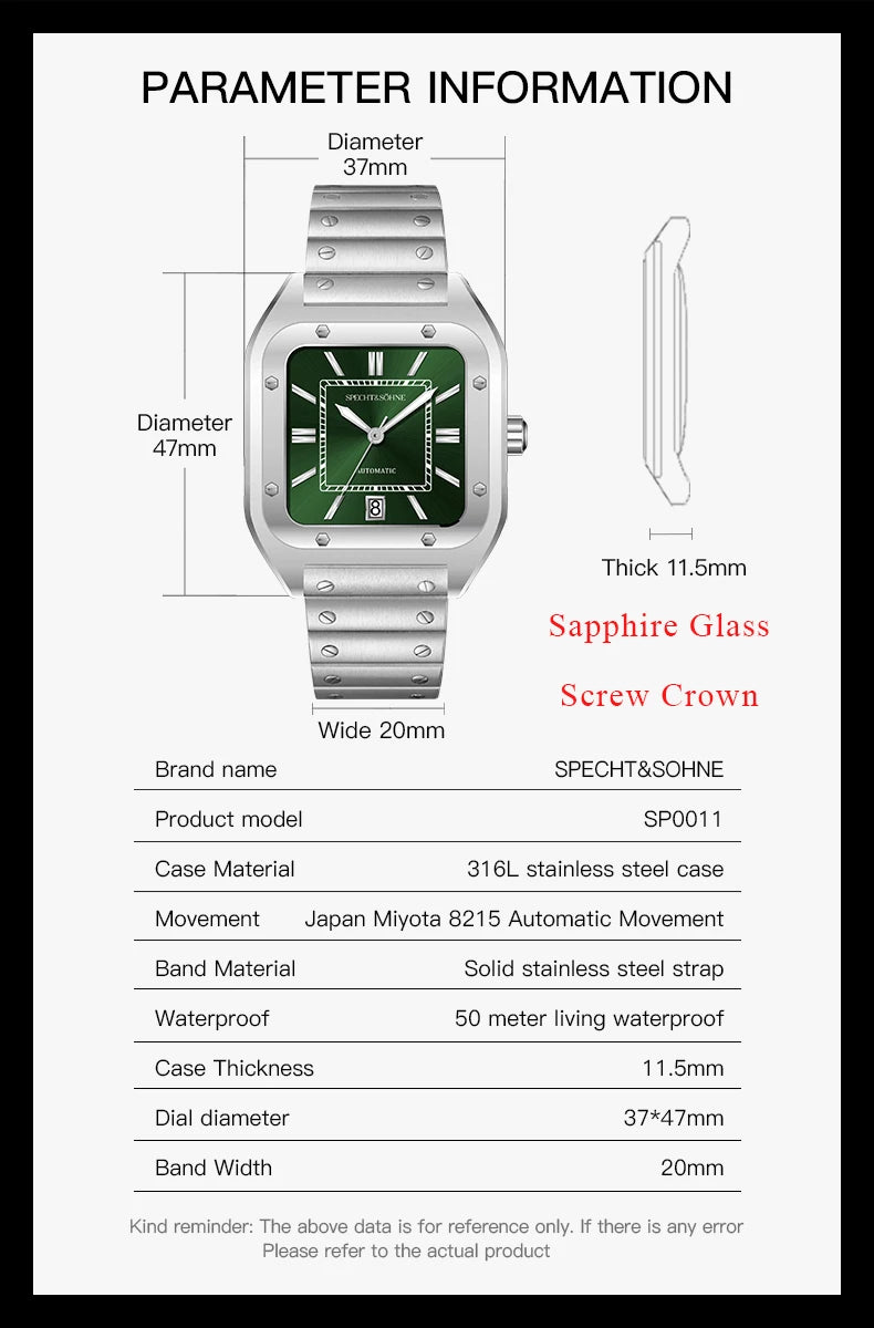 2024 New High Quality Specht&Sohne Watch 37MM Men Automatic Mechanical Watches Green Color Sapphire Stainless Steel Reloj Hombre