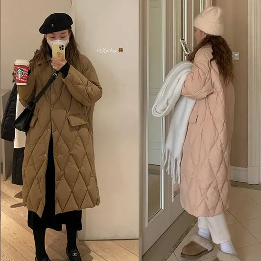 Autumn Winter Clothing Knitting Hat Down Jacket Women's Lapel Lingge Medium Length Knee  Korean Version Loose Coat X997