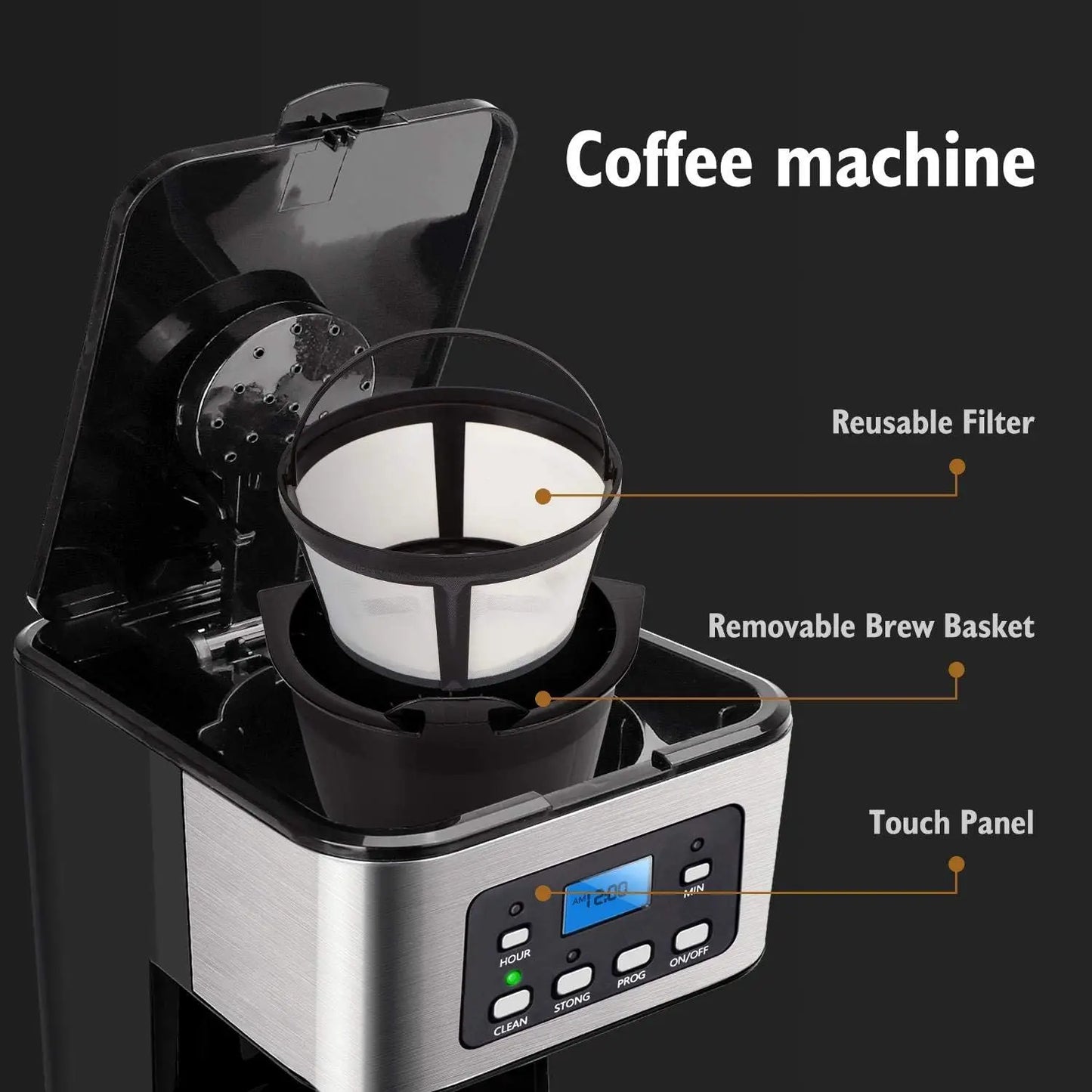 HAOYUNMA Programmable Coffee Maker, 4-12 Cups Drip Coffee Machine with Glass Carafe, Regular & Strong Brew, Pause & Serve f