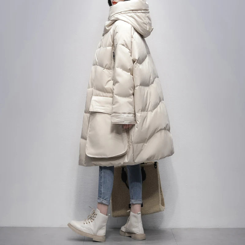 High-End Thicked Black Long Loose 90 White Duck Down Coats Women's Hooded Warmer Bread Clothing Korean Version Jackets