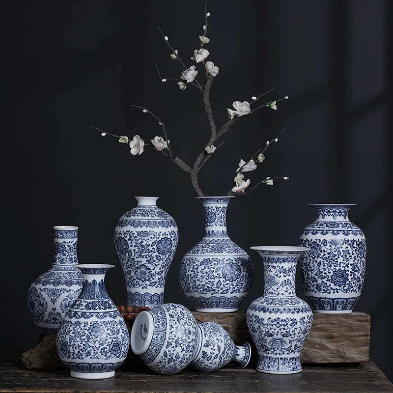 Jingdezhen-Blue and White Porcelain Flower Vases, Ceramic Vase, Interlocking Lotus Design, Home Decoration