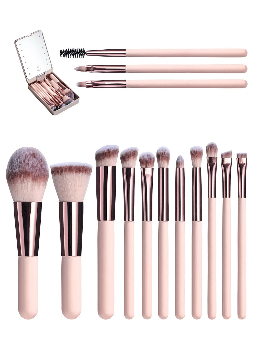 Private Label Makeup Brush Kit Custom Bulk 14-piece black pink white Brushes Set Rechargeable Light-up Mirror cosmetic tool