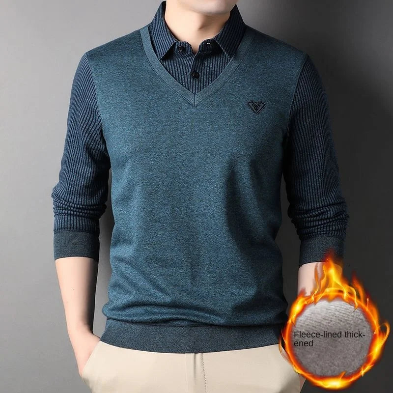 Plus Velvet Padded Men's Fake Two-piece Sweater Sweater Shirt Collar Warm Men's Bottoming Shirt Wearing  Clothing.