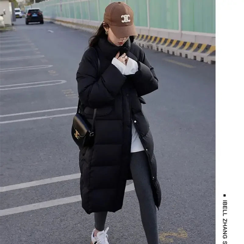 Winter New White Duck Down Jacket for Women's Long Bread Elegant Korean Fashion Clothing Loose Standing Collar Coat F242