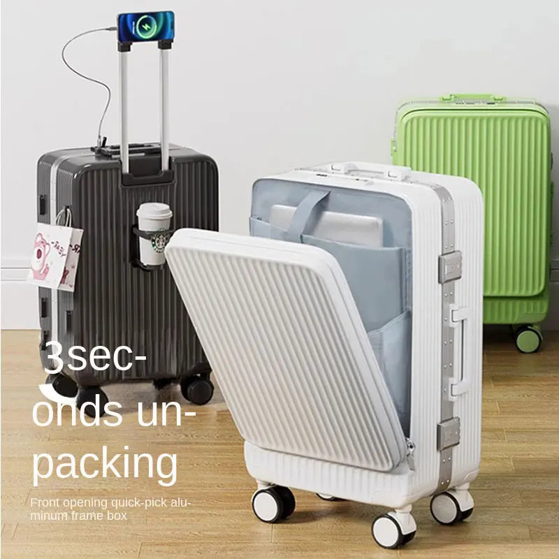 Suitcase Front Opening Laptop Bag Luggage USB Cup Holder Travel Bags Cabin Carry-on Suitcases 18/20/26/28" Rolling Trolley Case