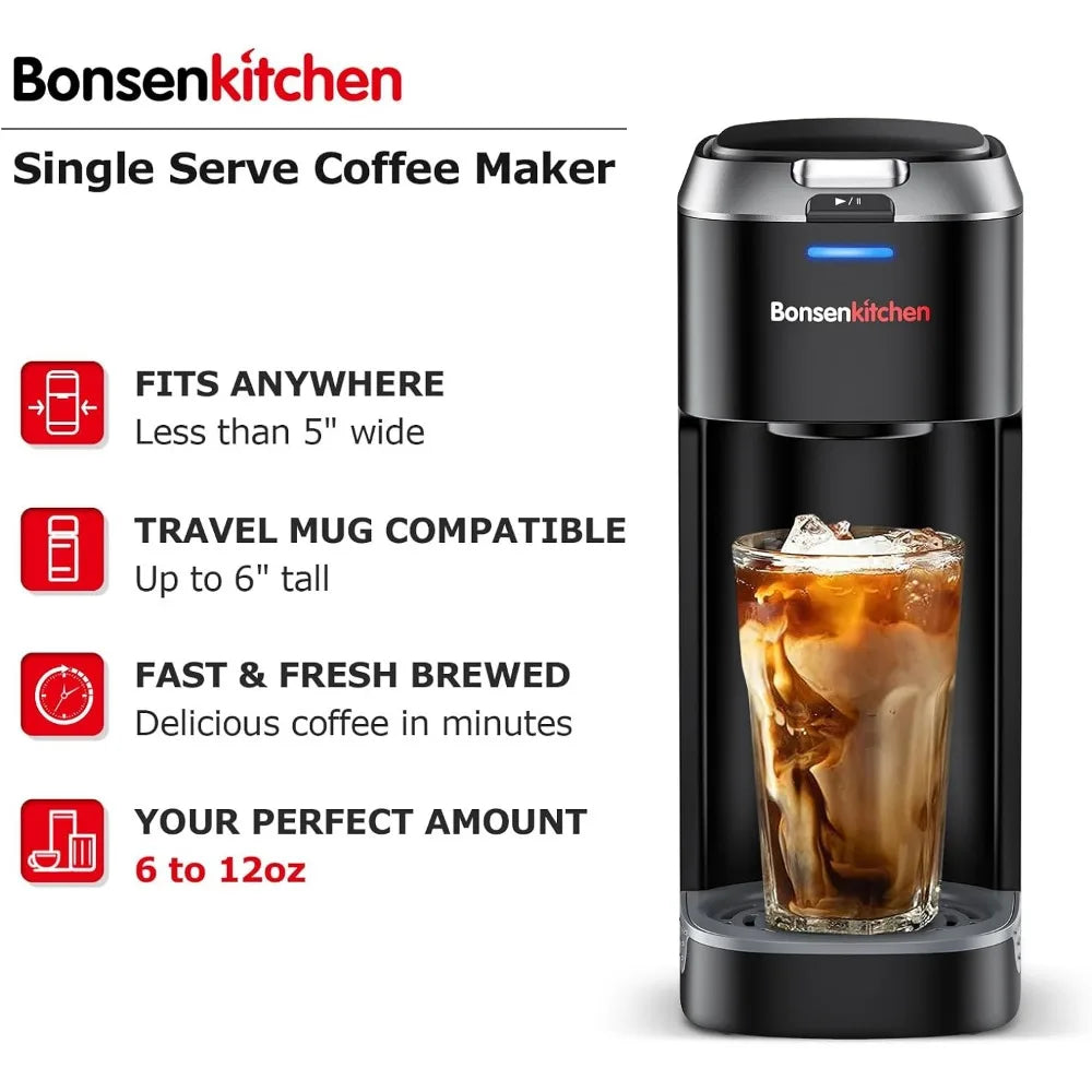 Bonsenkitchen Single Serve Coffee Maker, Coffee Brewer for K Cup Pod, Fast Brewing Coffee Machine, 6 to 12oz Brew Sizes