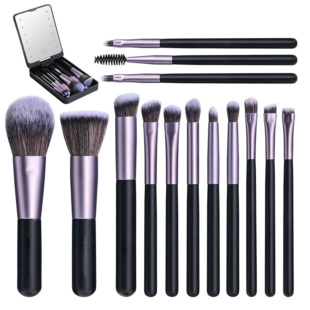 Private Label Makeup Brush Kit Custom Bulk 14-piece black pink white Brushes Set Rechargeable Light-up Mirror cosmetic tool