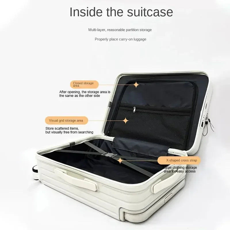 Suitcase Wide Handle Luggage Front Opening 20 " USB Suitcases on Wheels Travel Bag Cabin Carrier Trolley Bag Password Trunk