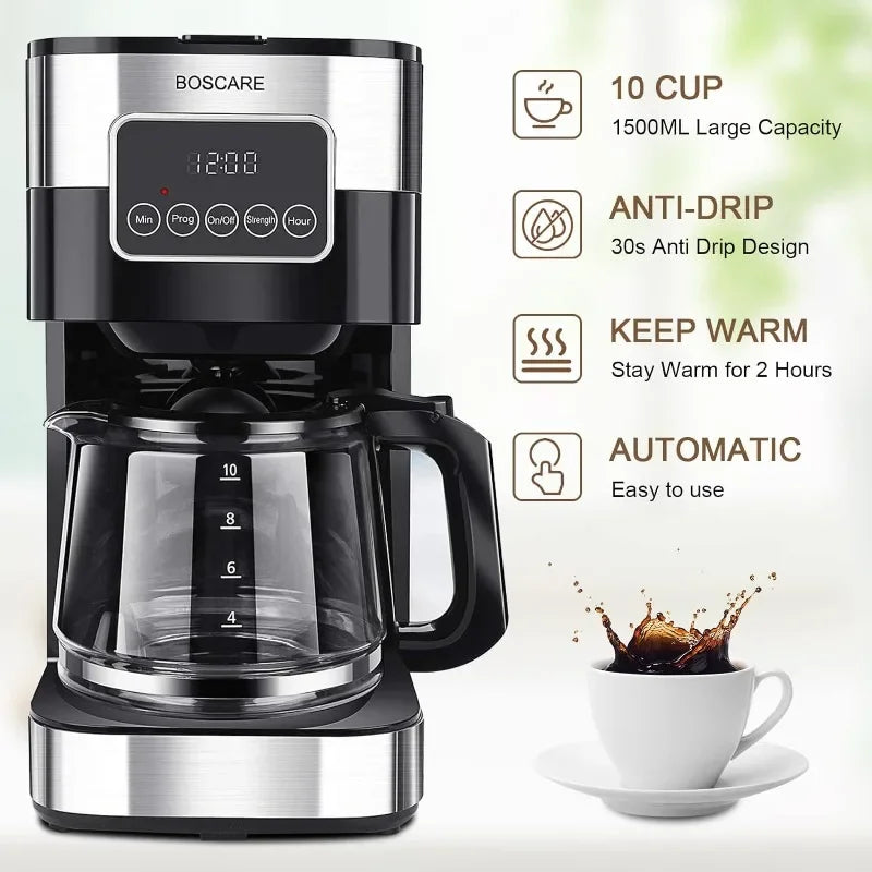 BOSCARE 10-Cup Programmable Coffee Maker: Drip Coffee Maker, Mini Coffee Machine with Auto Shut-off, Strength Control