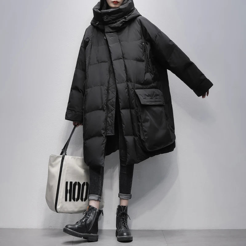 High-End Thicked Black Long Loose 90 White Duck Down Coats Women's Hooded Warmer Bread Clothing Korean Version Jackets