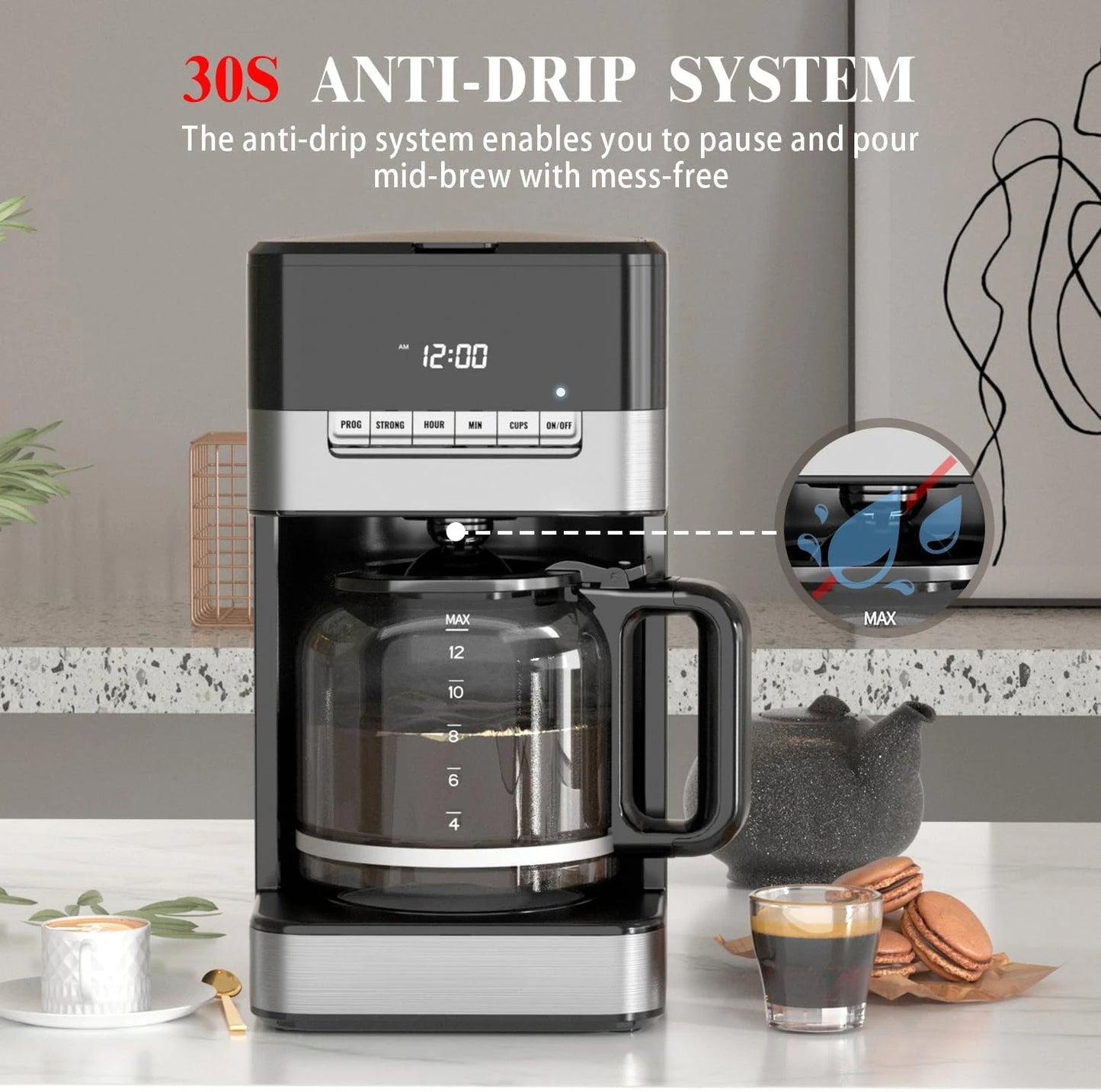 12 Cup Programmable Drip Coffee Maker - 1000W Fast Brew Coffee Machine with Glass Carafe, Auto Shut Off & 4-Hour Keep