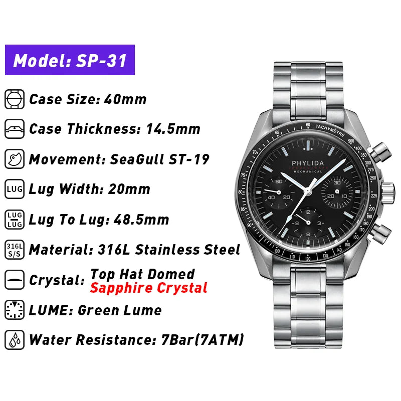 PHYLIDA 40mm Men's Watch ST19 Mechanical Chronograph Stop Watch Black Dial Wristwatch Speed Classic Solid Stainless Steel