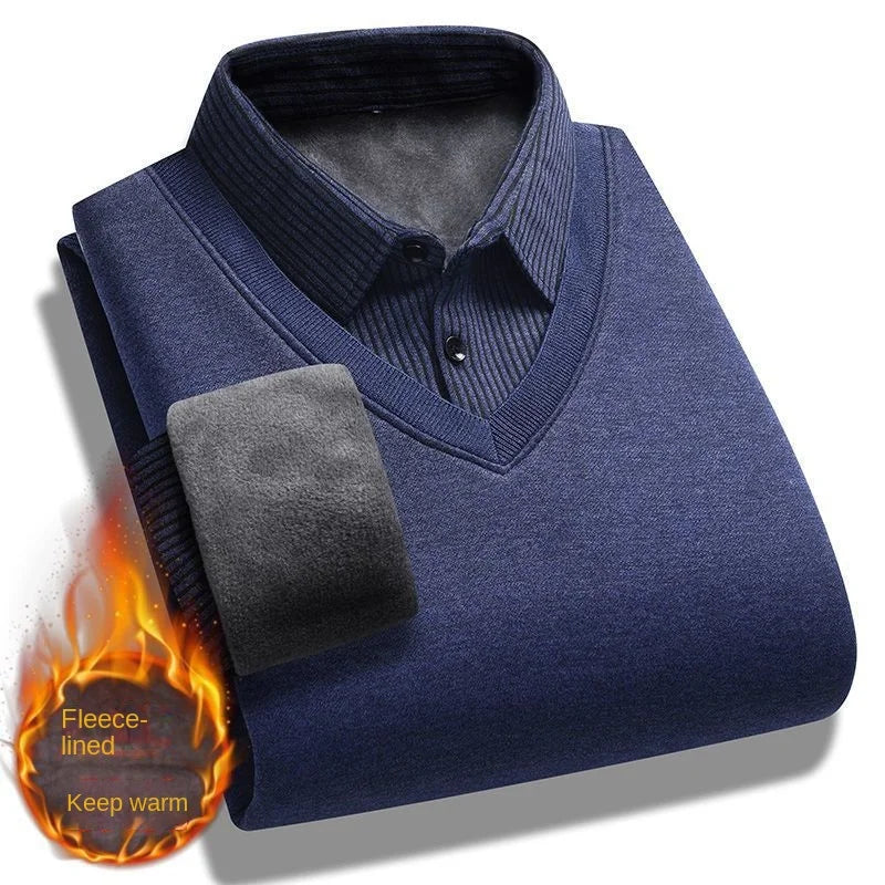 Plus Velvet Padded Men's Fake Two-piece Sweater Sweater Shirt Collar Warm Men's Bottoming Shirt Wearing  Clothing.