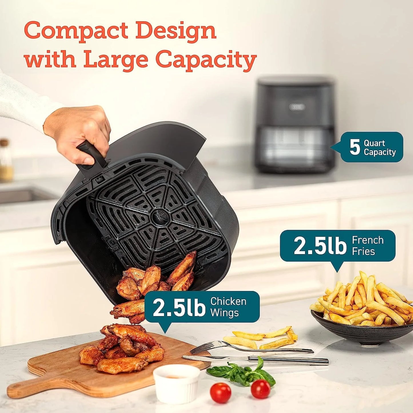 5-Qt Airfryer, Quick & Easy, UP to 450℉, Quiet, 85% Oil less,9 Customizable Functions, Mini Pizza Oven, Compact, Dishwasher Safe