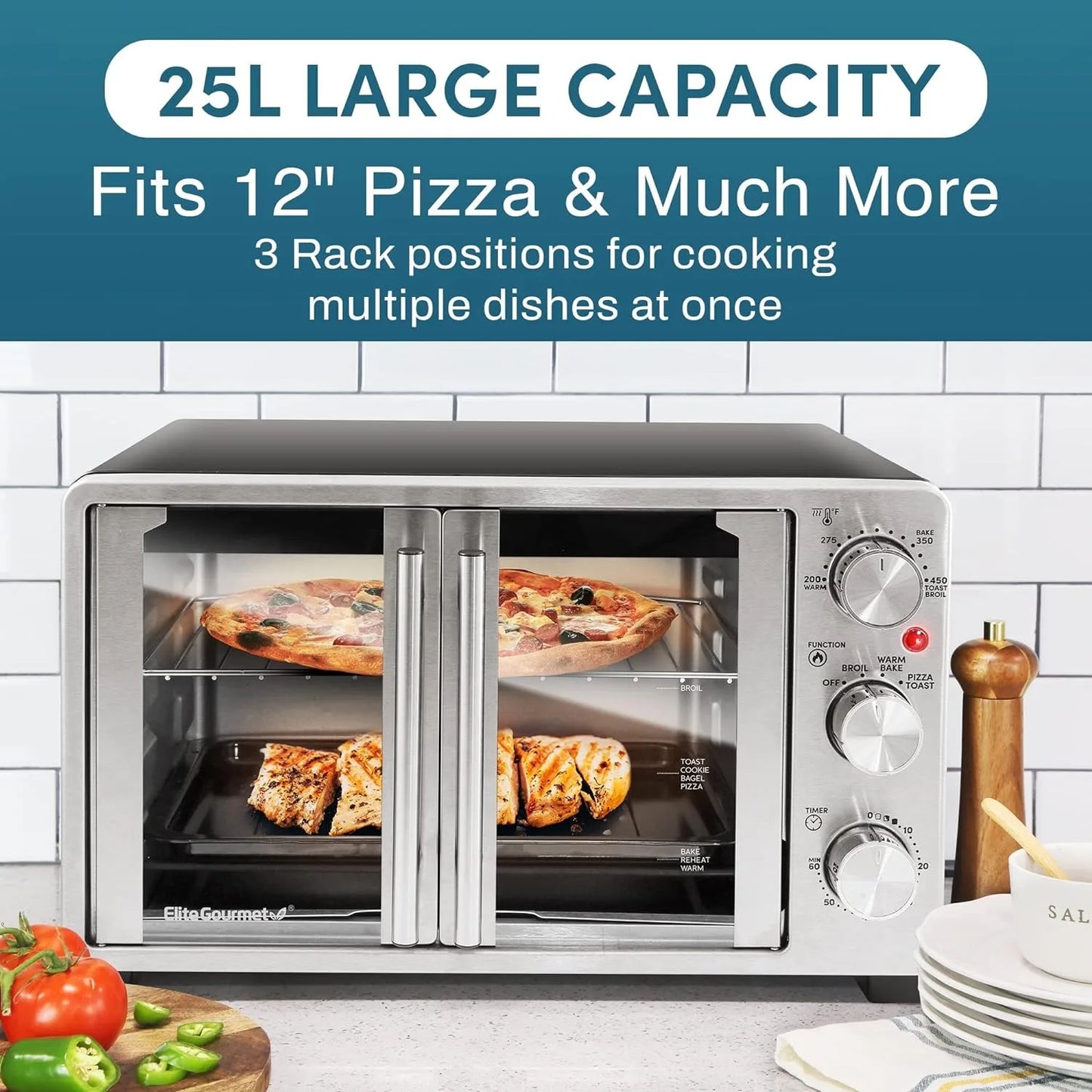 Double French Door Countertop Toaster Oven, Bake, Broil, Toast, Keep Warm, Fits 12" pizza, 25L capacity, Stainless Steel & Black