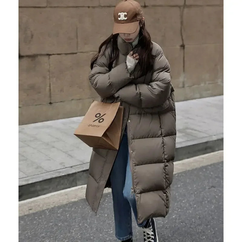 Winter New White Duck Down Jacket for Women's Long Bread Elegant Korean Fashion Clothing Loose Standing Collar Coat F242