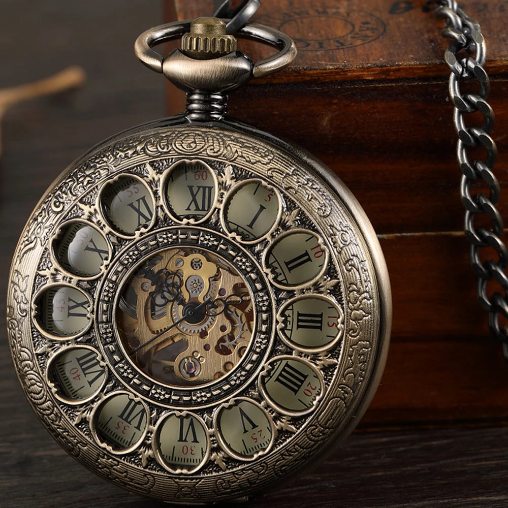 Roman Numeral Luxury Mechanical Pocket Watch Engrave Carving Sliver Case Steampunk Skeleton Watches Fob Chain Clock for Men