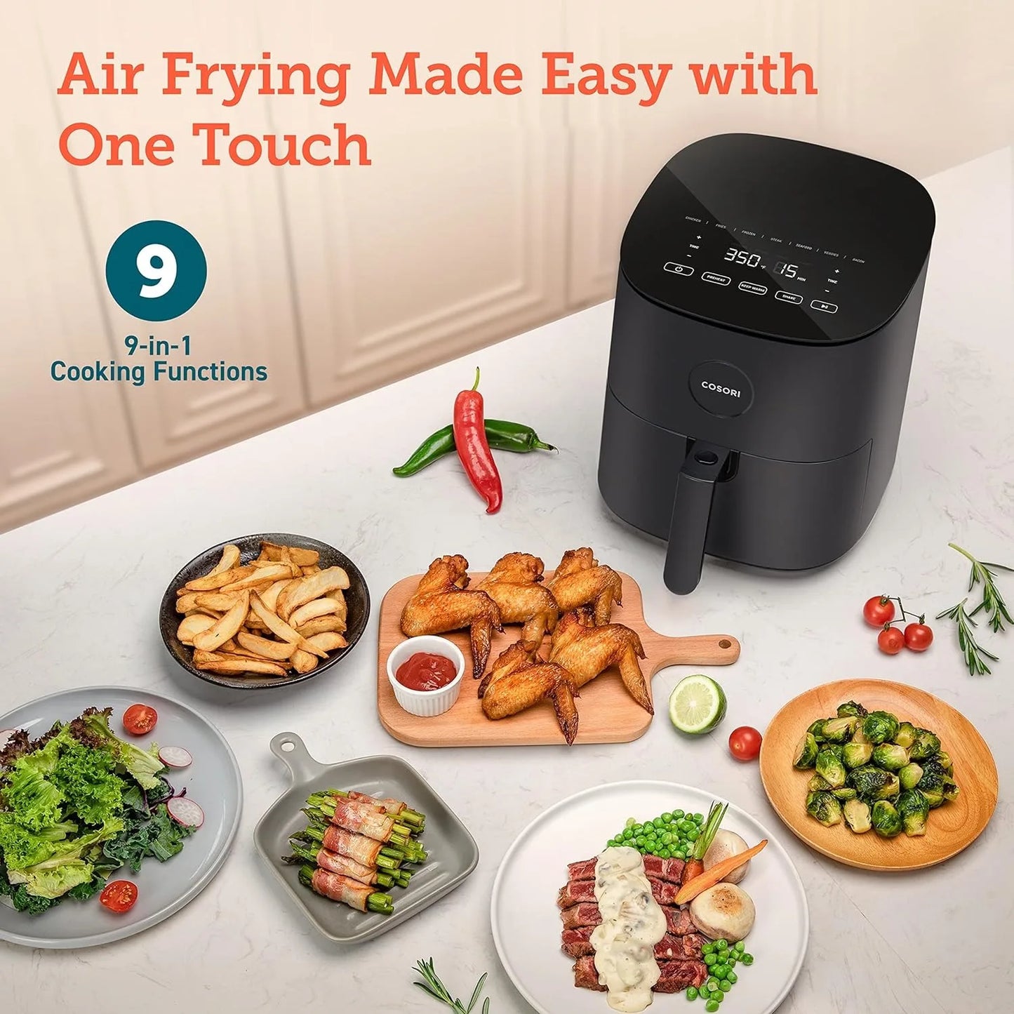 5-Qt Airfryer, Quick & Easy, UP to 450℉, Quiet, 85% Oil less,9 Customizable Functions, Mini Pizza Oven, Compact, Dishwasher Safe