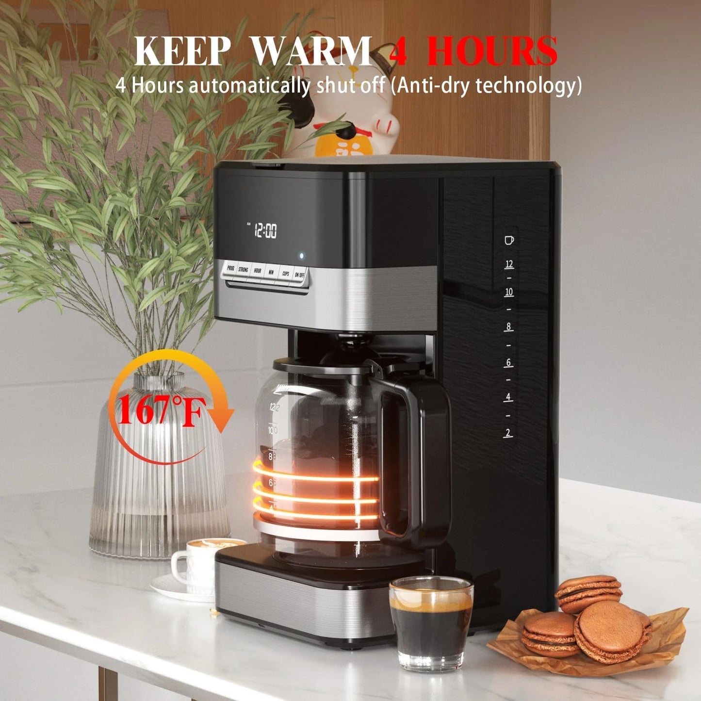 12 Cup Programmable Drip Coffee Maker - 1000W Fast Brew Coffee Machine with Glass Carafe, Auto Shut Off & 4-Hour Keep