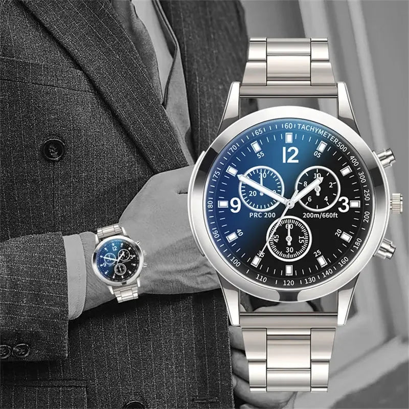 Fashion Mens Bracelet Watches Set Luxury Men Sports Silver Stainless Steel Quartz Watch Man Business Casual Wrist Watch