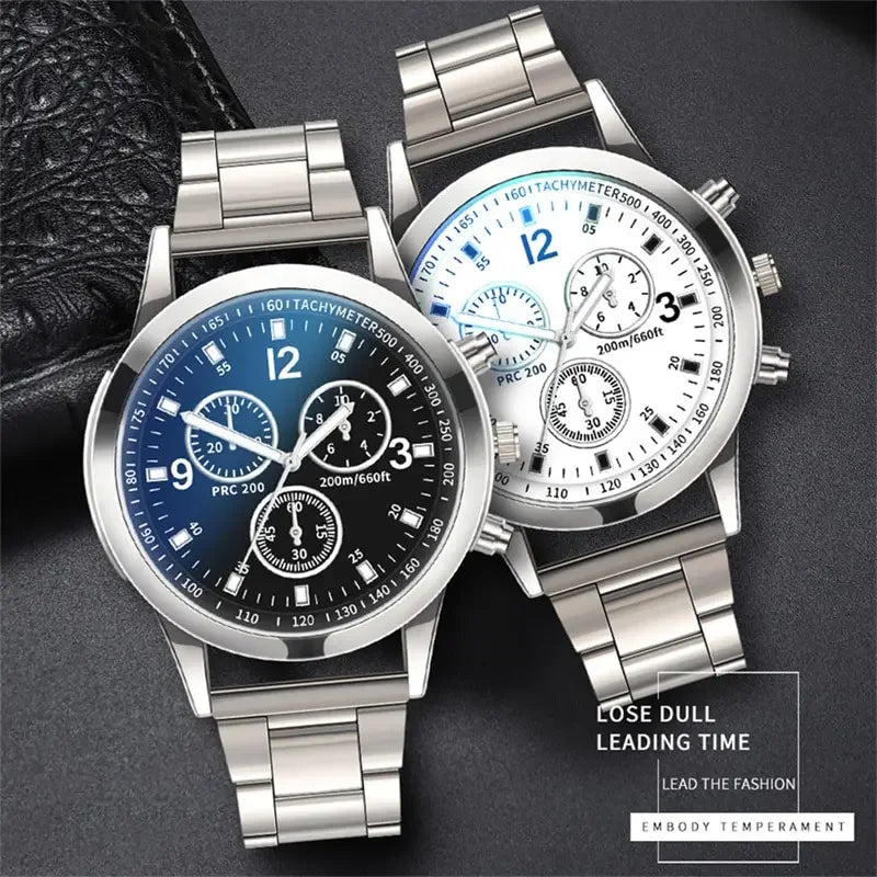 Fashion Mens Bracelet Watches Set Luxury Men Sports Silver Stainless Steel Quartz Watch Man Business Casual Wrist Watch