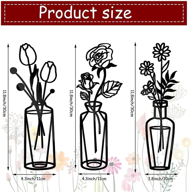 1Pc Minimalist Vase Art Black Wrought Iron Decor for Home Living Room Metal Flower Wall Pendant Floral Plant Sculpture